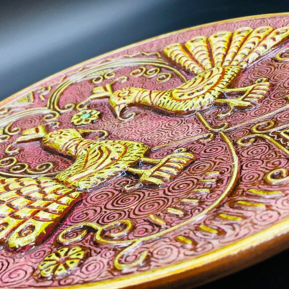 Vintage LODDO DORGALI Chartreuse Peacock Couple Pottery Wall Hanging - Picture 5 of 10